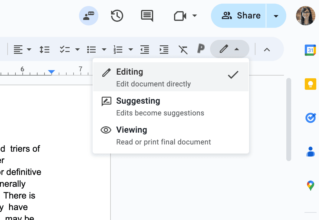 The Google Docs mode menu open with Editing ticked, above Suggesting (“Edits become suggestions”) and Viewing (“Read or print final document”).
